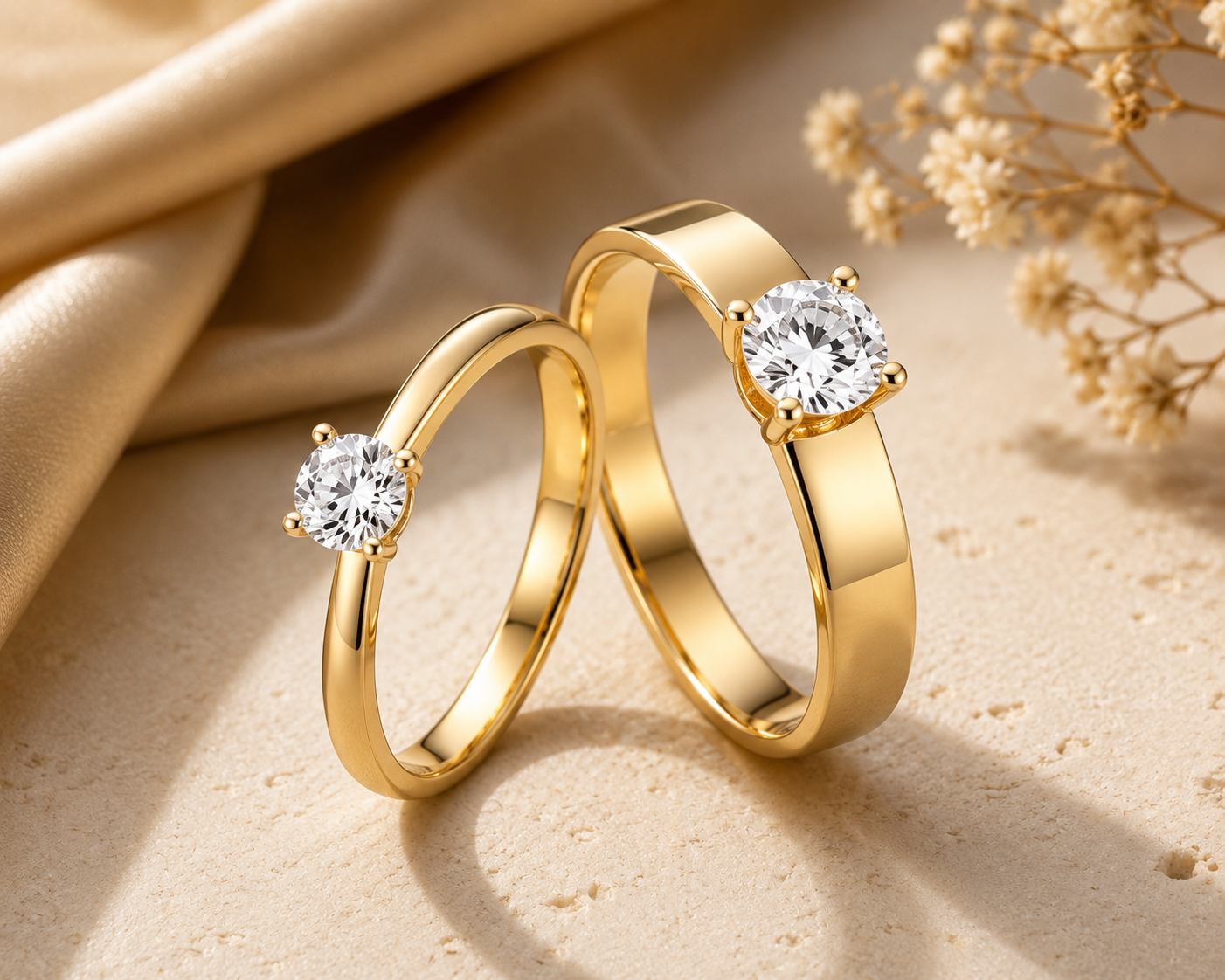Two hands resting together wearing matching slim silver bands